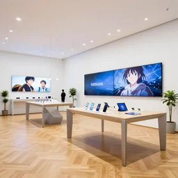pbr materials ( ( ( ( ( minimalist neon flagship samsung store, white walls. oak parquet floor. hanging lights. geometric furniture, large digital screens. display tables with phones and tablets, potted plants ) ) ) ) ) concept art, john berkey, makoto shinkai, yoji shinkawa, wadim kashin, artstation, 4 k