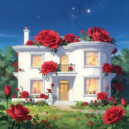 a atmospheric white villa, lot of giant roses of red colors, beautiful starry sky, by makoto shinkai, 8 k