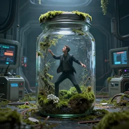 A whole universe trying to scape from a jar, a ruined cyberpunk lab, moss and molds everywhere, photorealistic, 8k,
