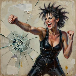 laughing sophisticated woman from fight club in fighting action detailed mixed media collage with canvas texture in style of contemporary art, punk art, photorealism, sensual bodies, expressionism, masterpiece, spectacular quality, intricate oil details, broken glass photo, torn paper intricate texture, large cracks, liquid glue spots, vivid and balanced