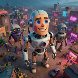 3 d vfx - caricature - art of robots in a bustling - neon lit - ajegunle slum in nigeria, unreal engine render, digital illustration, illustration style by mike winkelmann, sharp, intricate detail, volumetric light, ray tracing, soft light, colourful, surreal environment, drone view, fish eye lens, cinestill 8 0 0 t photograph, acrylic,