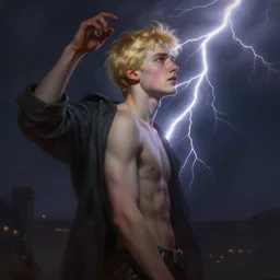 a young man with short blonde hair struck by lightning from the gods. detailed matte painting. masterpiece. 4 k. fantasy art. by craig mullins. franzetta. repin