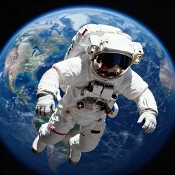 an astronaut with a cracked helmet drifting away from the ship with a damaged earth in the background