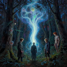 a spirit wisp mote forest by simon stalenhag and gillis rombouts and greg rutkowski and beeple and anton fadeev, hyperrealism! chiaroscuro!!!! tonalism! vibrant! desaturation, high contrast, highly detailed, volumetric lighting