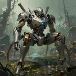 full shot portrait of mech spider robot, cyberpunk 2 0 8 8, scene of swamp battleground background, elegant, digital illustration, detailed, intricate, sharp focus, digital painting, deep focus, artstation, art by artgerm and greg rutkowski and alphonse mucha