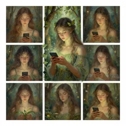 goddess of nature checking her phone, magic realism, art by josephine wall, art by huang guangjian, art by viktoria gavrilenko, art by amanda sage, trending on artstation ( ( ( album ) ) ) ( ( ( panels ) ) )