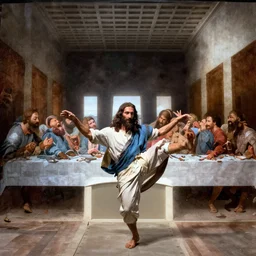 Jesus breakdancing in front of the last supper painting by Leonardo da Vinci, renaissance style,