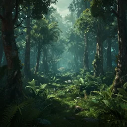 forest in a humid subtropical climate, sci - fi concept art, in the style of no man's sky