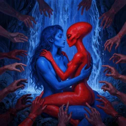 only with blue, ney motogrosso in love with a red alien, too many hands in all directions, in hoc signo vinces, waterfall, in the style of leonora carrington, gottfried helnwein, intricate composition, raqib shaw, blue light by caravaggio, insanely quality, highly detailed, masterpiece, red light, artstation