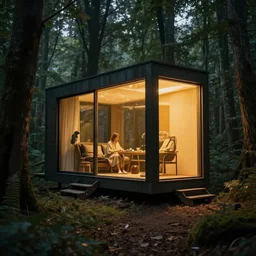 modern tiny house in an ominous forest designed by zaha hadid, cinematic lighting, deep focus, sharp focus, golden ratio, dramatic illumination, hdr, ultra realistic, 8 k, highly detailed, trending on artstation, epic composition, by caravaggio, by artemisia lomi gentileschi