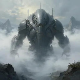 fantasy painting of a gigantic cybrog submering out of the fog from the mountains, looking at you from far away