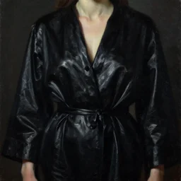 hyperrealism mixed with classicism, oil painting, close up figure fully clothes in black reflect robe, complete darkness, in style of classicism mixed with 8 0 s sci - fi hyperrealism