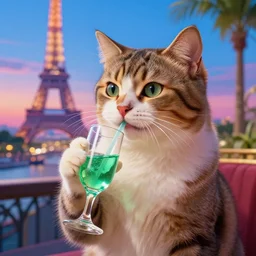 a cute cat drinkng absinthe in Paris, vivid colors, high details, cinematic, 8k resolution, beautiful detailed, photorealistic, digital painting, artstation, concept art, smooth, sharp focus, illustration, fantasy background, artstation trending, octane render, unreal engine