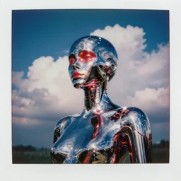 analog polaroid photograph of a chrome female android, sheen, red reflections, unreal engine, azure sky, big clouds visible, sunlight, reflection, sparkles, lensflare, film grain, depth of field, color bleed