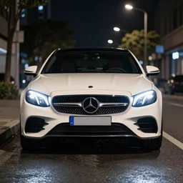 mercedes e class standing on street on night, white color, white led spotligh, ultra realistic