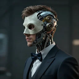 a clever young engineer man with cybernetic enhancements wearing a suit and bowtie, detailed mask, scifi character portrait by greg rutkowski, esuthio, craig mullins, 1 / 4 headshot, cinematic lighting, dystopian scifi gear, gloomy, profile picture, mechanical, half robot, implants, steampunk