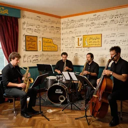 a jazz band rehearsing in a colorful room wallpapered with musical notation by mort drucker