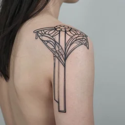 straight mirrored minimalist art nouveau shoulder tattoo, intricate detail, simple lines, trending on artstation
