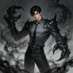 a highly detailed illustration of attractive korean man with black hair wearing shirt and tie with giant black mist claws, wielding giat black mist claws pose, tired expression, black mist background, intricate, elegant, highly detailed, centered, digital painting, artstation, concept art, smooth, sharp focus, league of legends concept art, wlop.