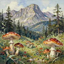 beauty, mountain, mushrooms, plants, intricate environment, impressionistic watercolor painting by denis sarazhin, alvaro castagnet, kim jung gi, greg rutkowski, simon stale hah, thomas kinkade, craig mullins
