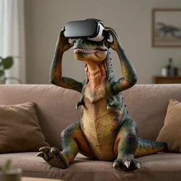 A anthropomorph dinosaur man sitting down on a couch, play with VR Headset on head, ultra detailed, 8k, by Tomasz Alen Kopera and Tony Sart
