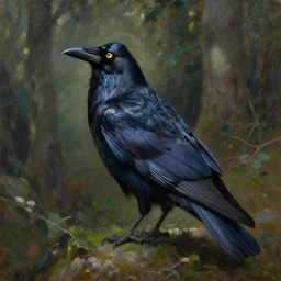 oil painting by anders zorn, raven in forest, very very very very beautiful art, dramatic light, strong shadows, shiny blue black feathers, amber eyes, glowing