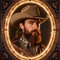 bearded cowboy, portrait, illuminated oval border, persian folkore artstyle