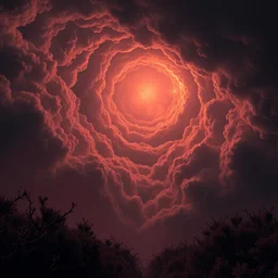 a terrifying artwork of the skies of hell, clouds spiraling from a single point, darkness, satanic fractals, hazy, volumetric lighting, very detailed, horror, lush thorn shrubs, washed out colors, photorealistic, master level composition, raytracing