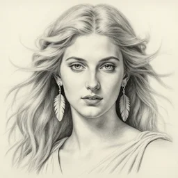 pencil drawing of beautiful greek goddess aphrodite with arrowhead earrings and beautiful feather jewelry, beautiful piercing eyes, beautiful blonde hair flying in the wind, hyper realistic face, in the style of greg rutkowski, fantasy, amazing detail, epic, elegant, smooth, sharp focus, from the front