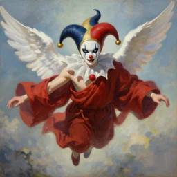 “portrait of jester, monk, superpowers, anime, render 8k landscape flying serene oil painting angels”