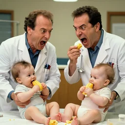 jerry seinfeld and tim allen as doctors screaming angrily at babies about eating all their corn hyperrealism by studio ghibli wlop beeple photo - realistic
