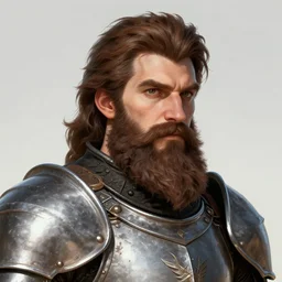 head portrait, 4 0 years old man, full brown beard, stocky brown hair, fantasy, medieval metal plate armor, cuirass, high detail, digital art, rpg, concept art