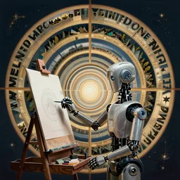 a robot painter at his easel, illustrated by h r giger, jean giraud, ultradetailed, hyperrealistic, octane render, symmetric, fibonacci rhythm, artstation, art germ, wlop