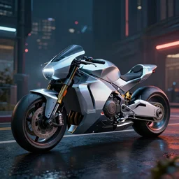 off angle beautiful Product shot film still of a halo Mass effect futuristic modern electric tron motorcycle on a wet street at night in cyperpunk city, hard surface modeling, blade runner, octane, Ian Callum, Giorgetto Giugiaro, Leonardo Fioravanti , low polygon, chrome, trending on artstation, unreal, redshift, 3d model, 8k