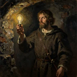 a man holding a light bulb in a dungeon, oil painting, middle ages