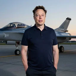 elon musk, wearing a dark blue polo shirt, standing near fighter jet on an empty runway at dusk, high detail, volumetric lights, professional high quality studio photo from vogue magazine