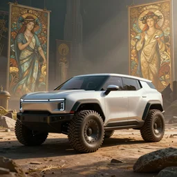 a futuristic offroad suv designed by apple, artgerm and greg rutkowski and alphonse mucha, zaha hadid, an epic fantasy, volumetric light, detailed, trending on art station, octane render, midsommar