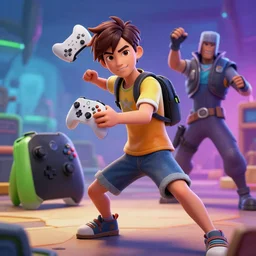 a boy playing an xbox, fortnite, throwing his controller, highly detailed illustration, anime