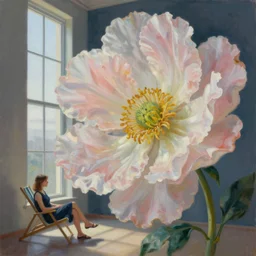 closeup, large flower head, woman sitting on lounge chair by a tall window, surreal photography, studio light, impressionist painting, digital painting, artstation, simon stalenhag