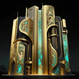 photo hyper realistic concept architecture arthouse solarpunk, style brutalism, gold and black turquoise ratio, alphonse mucha, octane render volumetric lighting