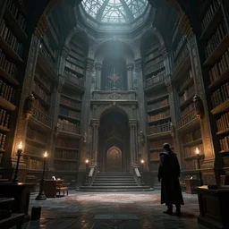 ancient library, horror sccene, by Greg Rutkowski and Gaston Bussiere, dim lighting, beautiful volumetric-lighting-style atmosphere, futuristic atmosphere, intricate, detailed, photorealistic imagery, artstation, by Evgeny Lushpin