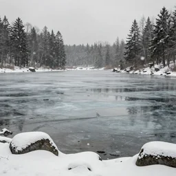 A crystalized lake in winter while it is snowing. Muted colors, 8k.
