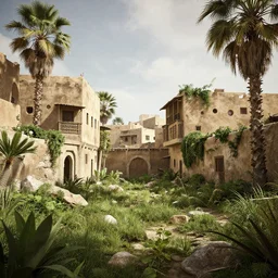 casbah algiers post apocalyptic, vegetation, ultra realistic, insane details, cinematic, epic composition, unreal engine, octane render