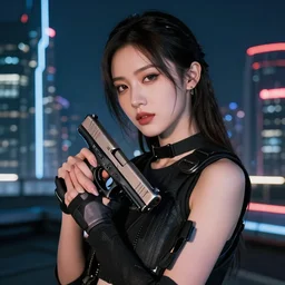 photographic portrait of a techwear woman holding a Glock 18, closeup, on the rooftop of a futuristic city at night, sigma 85mm f/1.4, 4k, depth of field, high resolution, 4k, 8k, hd, full color