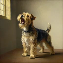 an oil painting of a wire - haired fox terrier barking all the time at golden hour painted by johannes vermeer, masterpiece 8 k