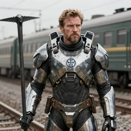 vfx movie closeup real life gordon freeman holding wearing futuristic armor, half life logo on chest plate, crowbar in russian train yard by emmanuel lubezki