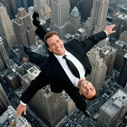 clean - shaven jon favreau as happy hogan wearing a black suit and necktie falling from the sky down into new york city, overhead view,