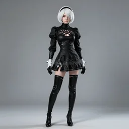 a fullbody portrait of slender a 2 from nier automata, short white hair : : in a black latex suit, long sleeves, turtleneck : : cosplay, photgraphy, studio photography, real lighting, realistic, hd : :