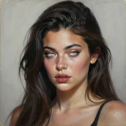 a demonic horrific portrait of kylie jenner, white eyes, bored, illustration, soft lighting, soft details, painting oil on canvas by edmund blair leighton and charlie bowater octane render, hdr, trending on artstation, 4 k, 8 k, hd