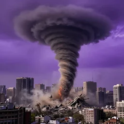 a gigantic tornado crushing destroying a city, absolute destruction purple background